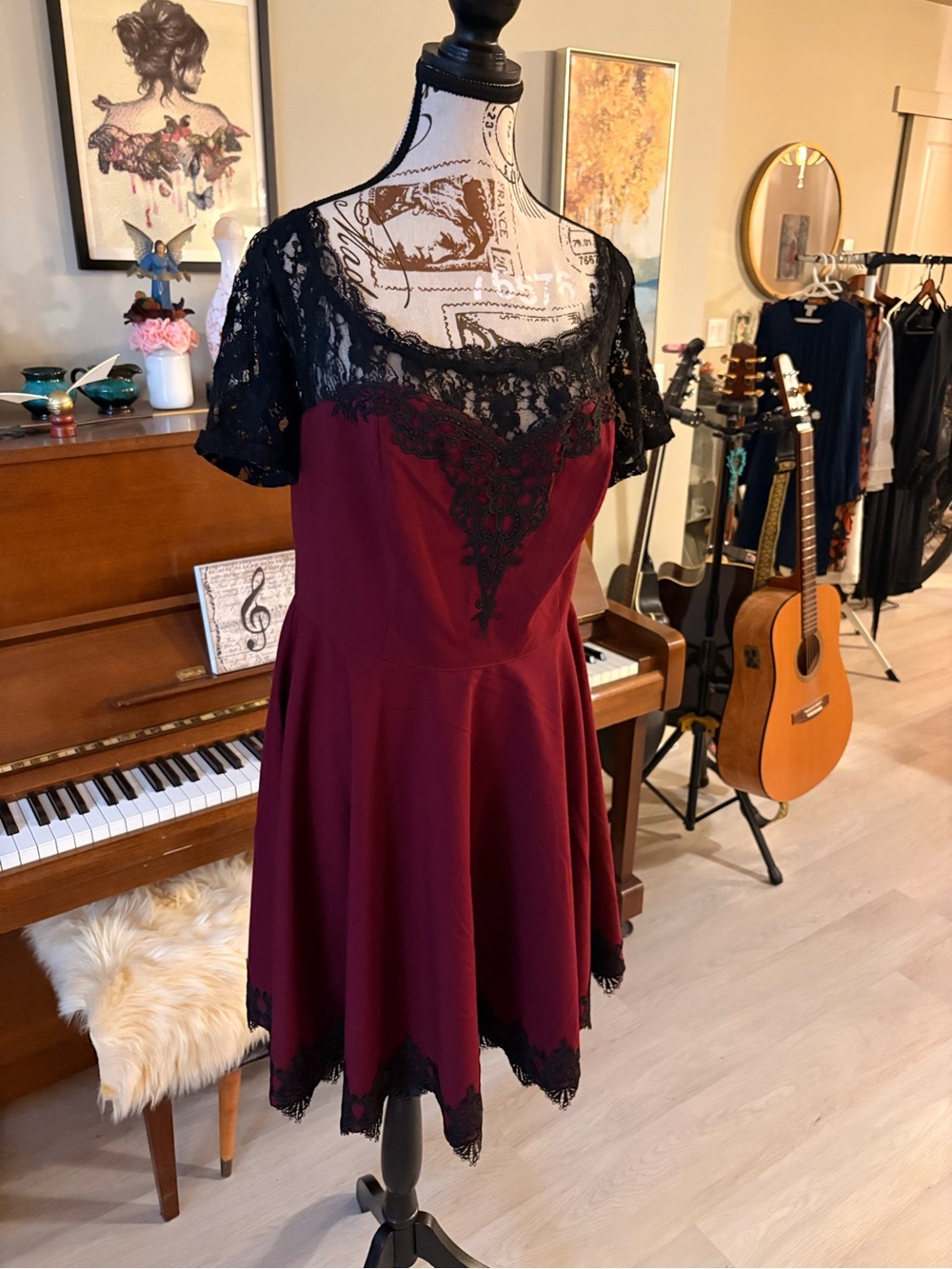 Spin Doctor Lace-Sleeved Fit & Flare Retro Swing Dress in Burgundy